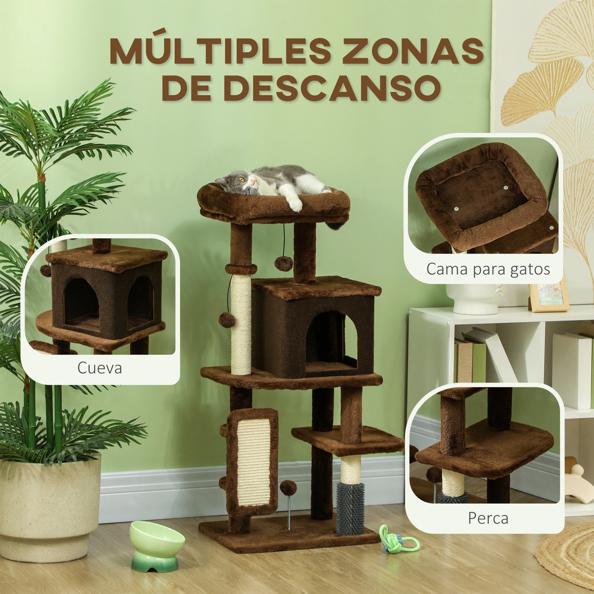 Cat Scratching Tree Height 104 cm Cat Tree Cat Tower with Platforms Scratching Post with Brush Hanging Balls and Scratching Pad Brown