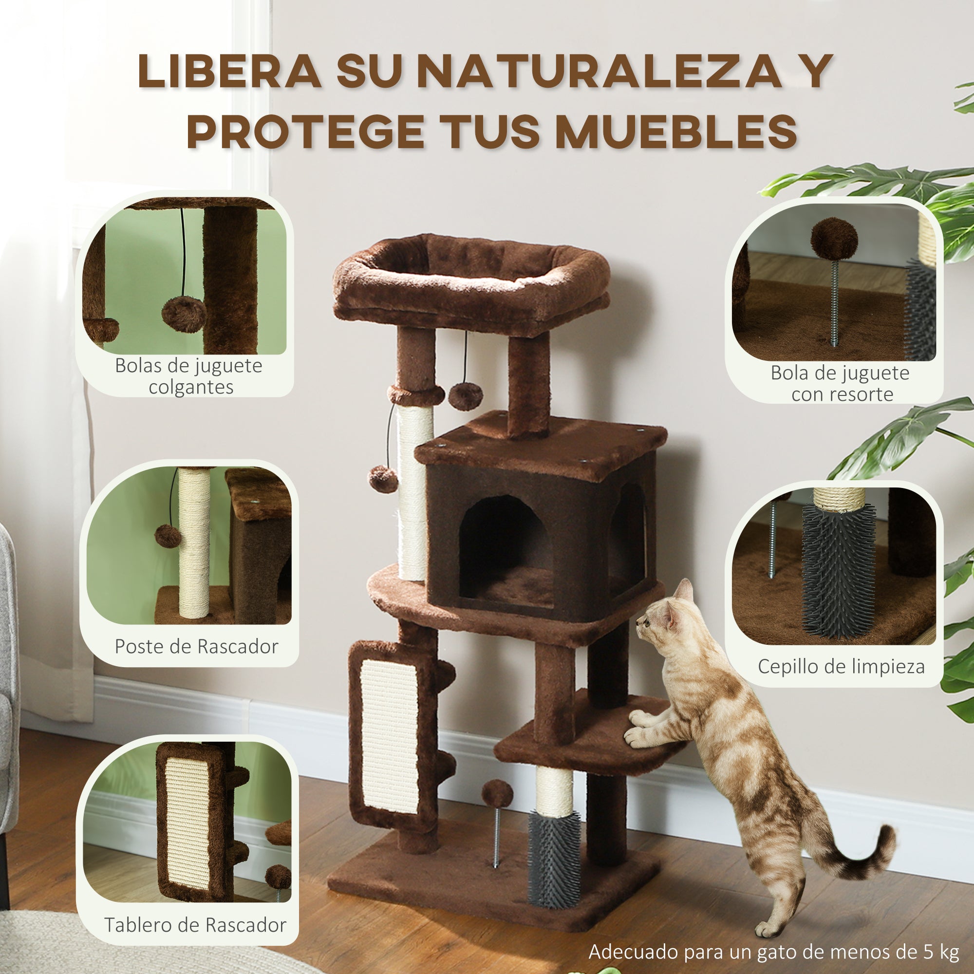 Cat Scratching Tree Height 104 cm Cat Tree Cat Tower with Platforms Scratching Post with Brush Hanging Balls and Scratching Pad Brown