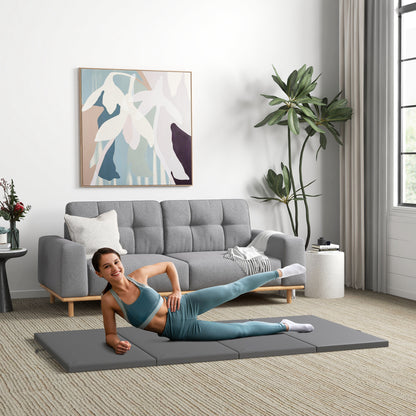 Folding gymnastics mat, thick gymnastics mat, 240 x 120 x 5 cm, with handle, floor mat for yoga, MMA, sports, fitness, pilates, synthetic coating, gray