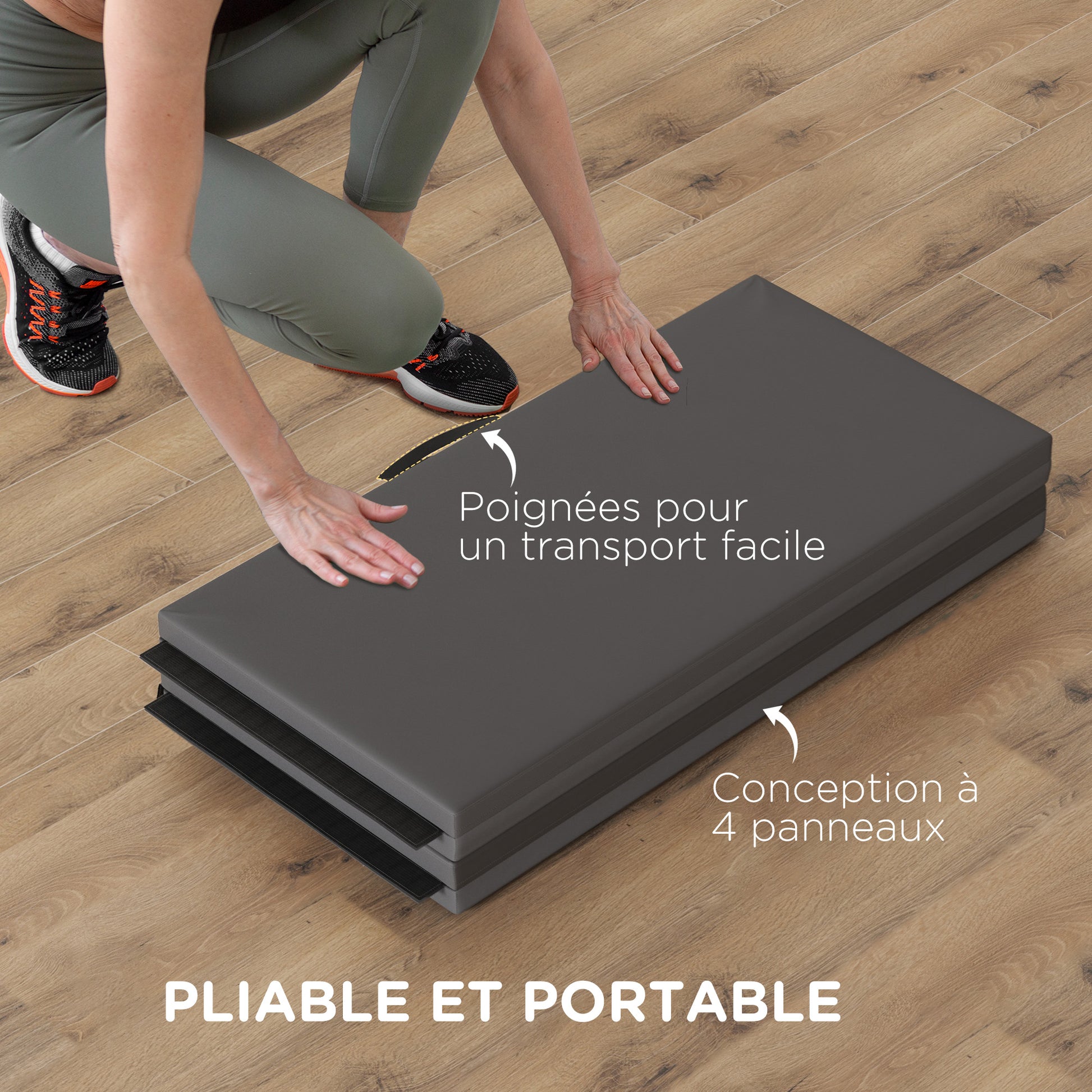 Folding gymnastics mat, thick gymnastics mat, 240 x 120 x 5 cm, with handle, floor mat for yoga, MMA, sports, fitness, pilates, synthetic coating, gray