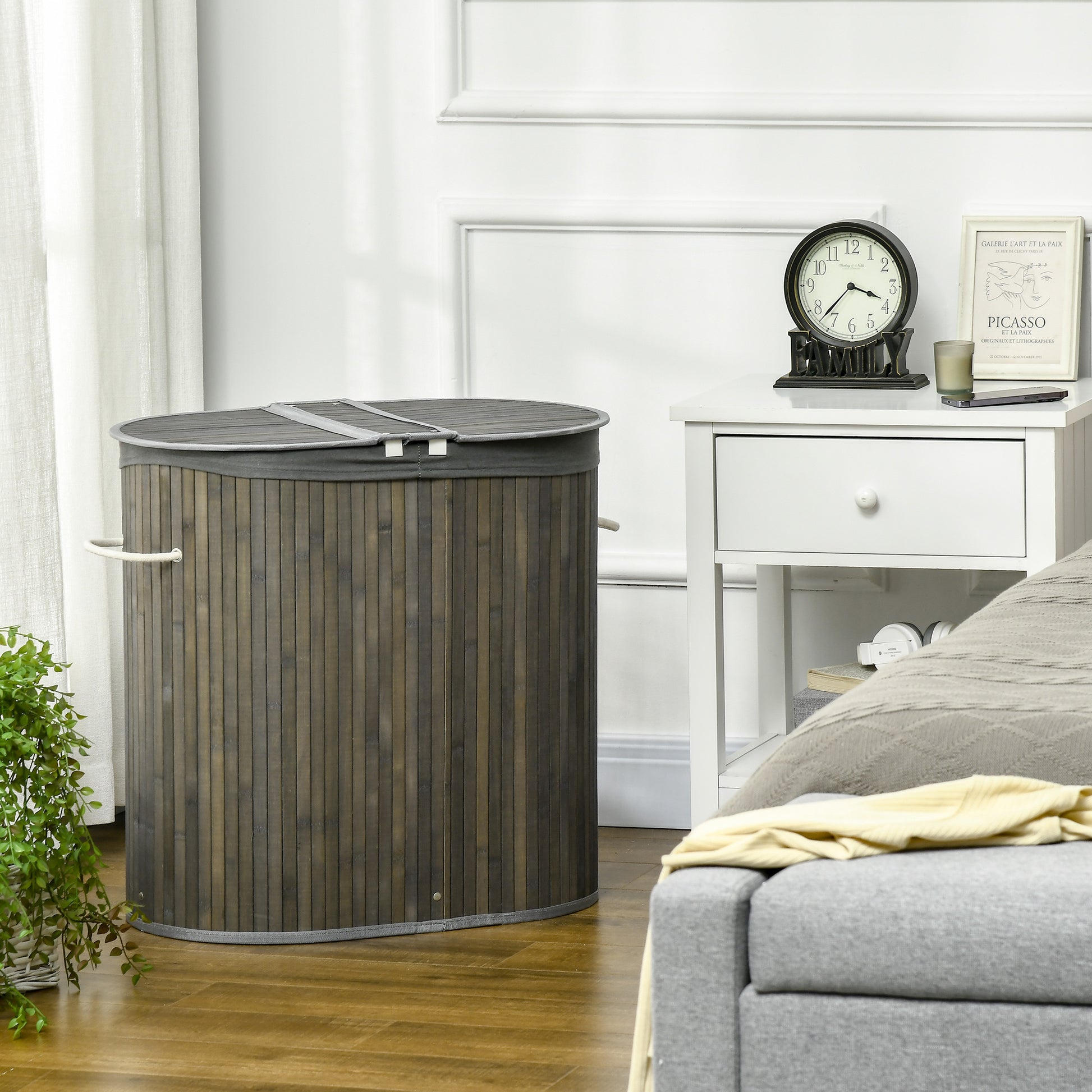Bamboo Laundry Basket with Lid 100L Laundry Collector with Handles, 2 Removable Laundry Bags, Laundry Sorter Laundry Box for Laundry Room, Bathroom, Bedroom, Gray