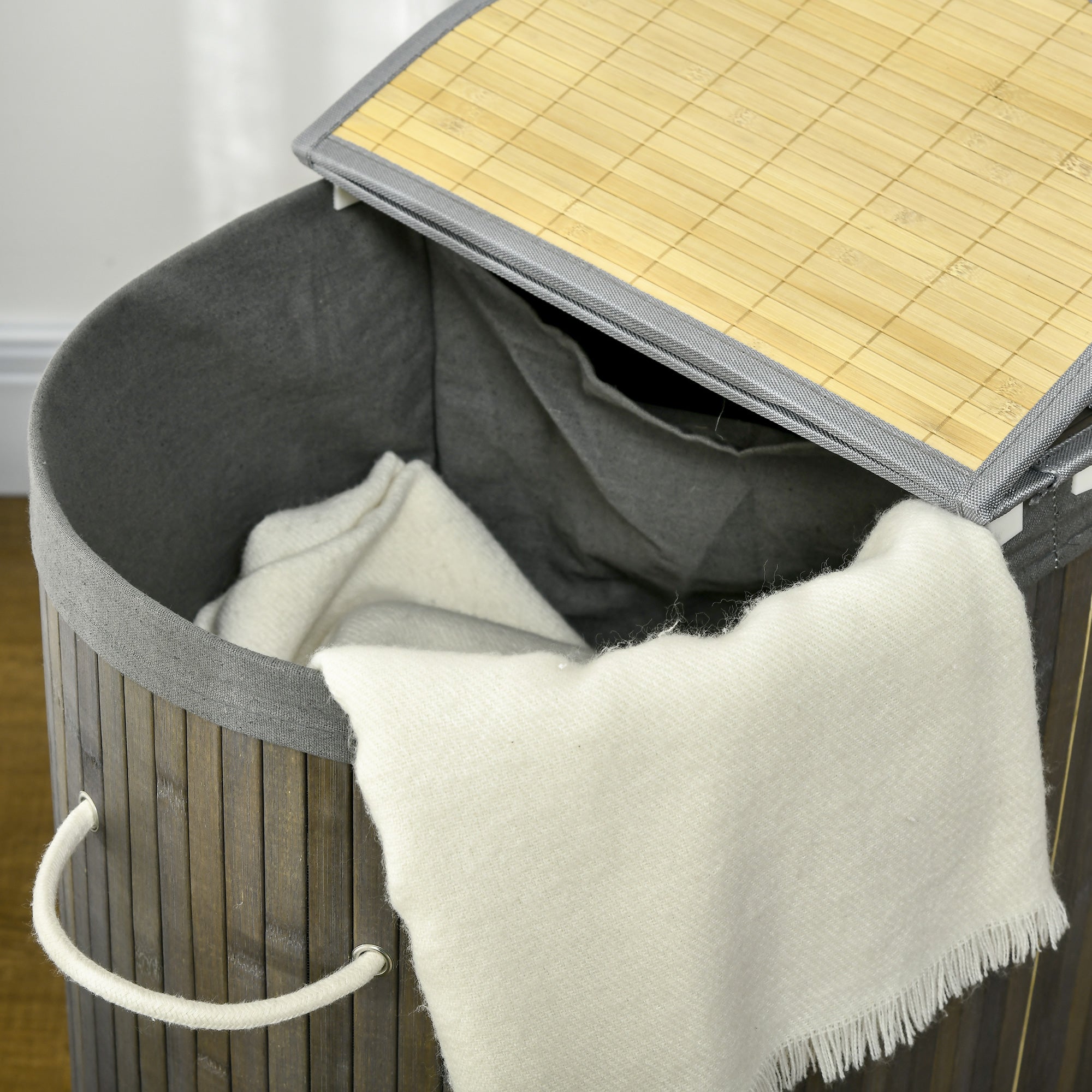 Bamboo Laundry Basket with Lid 100L Laundry Collector with Handles, 2 Removable Laundry Bags, Laundry Sorter Laundry Box for Laundry Room, Bathroom, Bedroom, Gray