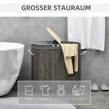 Bamboo Laundry Basket with Lid 100L Laundry Collector with Handles, 2 Removable Laundry Bags, Laundry Sorter Laundry Box for Laundry Room, Bathroom, Bedroom, Gray