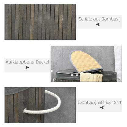 Bamboo Laundry Basket with Lid 100L Laundry Collector with Handles, 2 Removable Laundry Bags, Laundry Sorter Laundry Box for Laundry Room, Bathroom, Bedroom, Gray