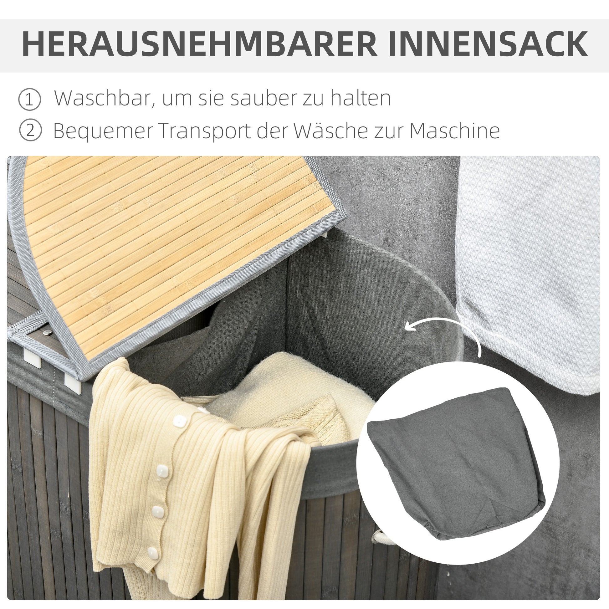 Bamboo Laundry Basket with Lid 100L Laundry Collector with Handles, 2 Removable Laundry Bags, Laundry Sorter Laundry Box for Laundry Room, Bathroom, Bedroom, Gray