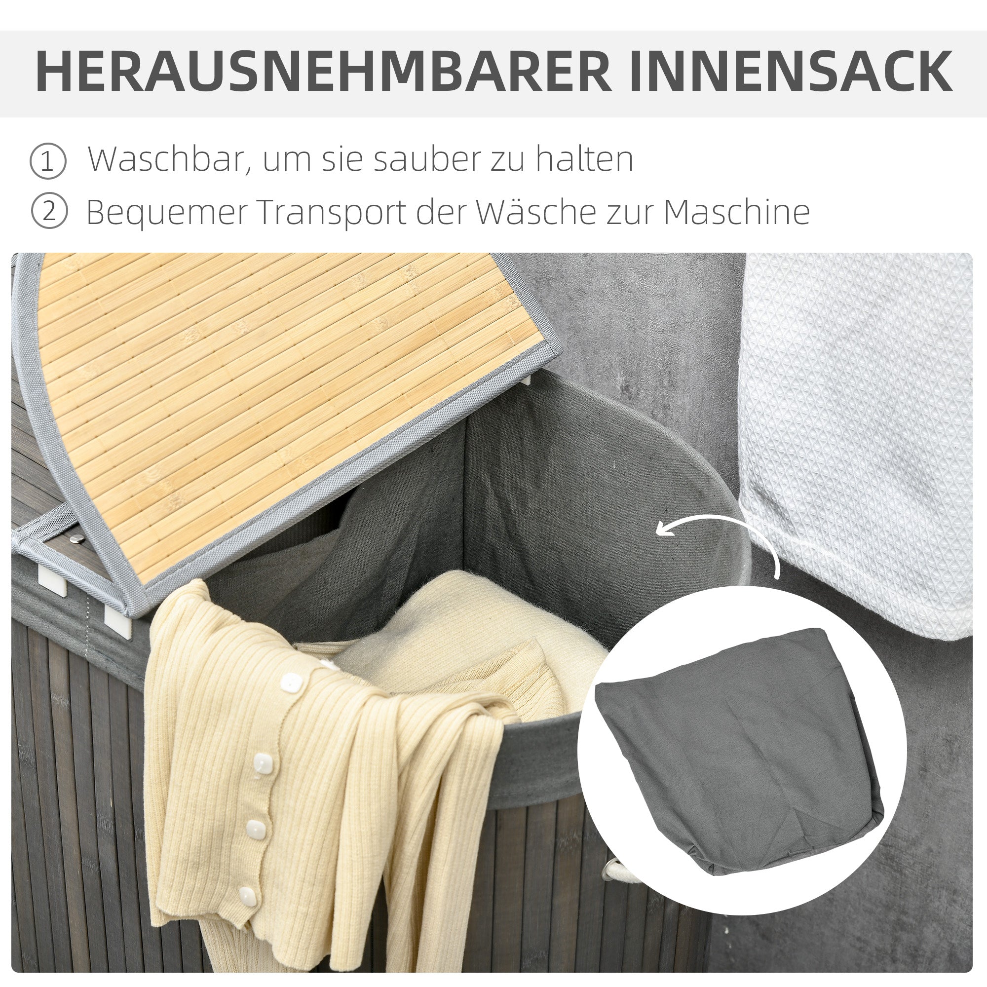 Bamboo Laundry Basket with Lid 100L Laundry Collector with Handles, 2 Removable Laundry Bags, Laundry Sorter Laundry Box for Laundry Room, Bathroom, Bedroom, Gray