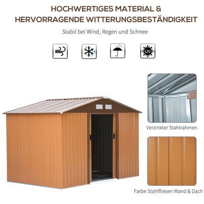Tool Shed 4.9 sqm, Garden House with Saddle Roof, Sliding Door, Foundation, 277 x 195 x 192 cm, Tool Shed Made of Galvanized Steel, Weatherproof, for Garden, Yellow