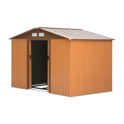 Tool Shed 4.9 sqm, Garden House with Saddle Roof, Sliding Door, Foundation, 277 x 195 x 192 cm, Tool Shed Made of Galvanized Steel, Weatherproof, for Garden, Yellow