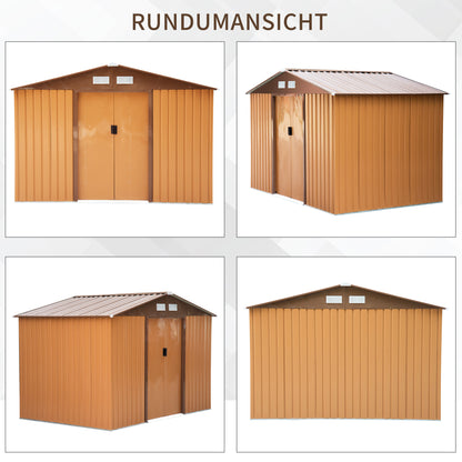 Tool Shed 4.9 sqm, Garden House with Saddle Roof, Sliding Door, Foundation, 277 x 195 x 192 cm, Tool Shed Made of Galvanized Steel, Weatherproof, for Garden, Yellow