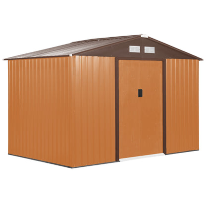 Tool Shed 4.9 sqm, Garden House with Saddle Roof, Sliding Door, Foundation, 277 x 195 x 192 cm, Tool Shed Made of Galvanized Steel, Weatherproof, for Garden, Yellow