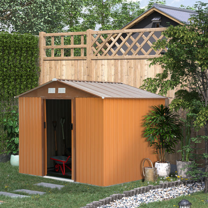 Tool Shed 4.9 sqm, Garden House with Saddle Roof, Sliding Door, Foundation, 277 x 195 x 192 cm, Tool Shed Made of Galvanized Steel, Weatherproof, for Garden, Yellow