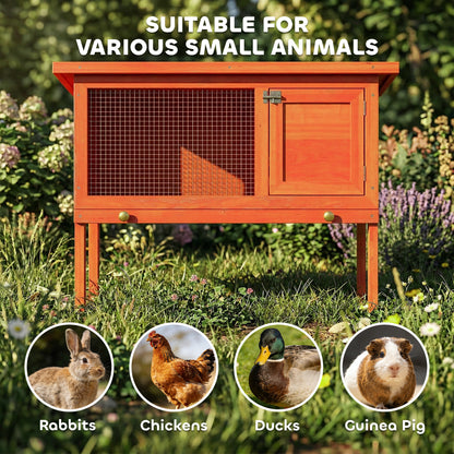 Wooden Rabbit Hutch 90 x 45 x 65 cm (35.4 x 17.7 x 25.6 in) – Elevated Outdoor Small Animal Hutch with Hinged Asphalt Roof, Pull-Out Tray, Door & Galvanized Wire, Orange