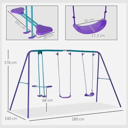 Metal Garden Swing Set with Adjustable Height Swings for Kids 3+ Years Old with Double Swing Rocker for Patio Terrace 280x140x176 cm Blue and Purple