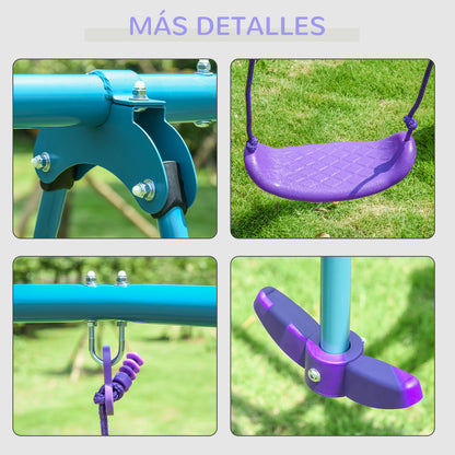 Metal Garden Swing Set with Adjustable Height Swings for Kids 3+ Years Old with Double Swing Rocker for Patio Terrace 280x140x176 cm Blue and Purple