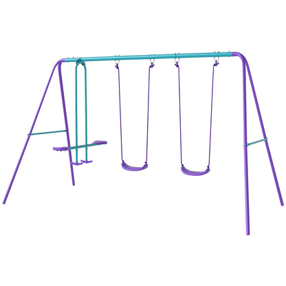 Metal Garden Swing Set with Adjustable Height Swings for Kids 3+ Years Old with Double Swing Rocker for Patio Terrace 280x140x176 cm Blue and Purple