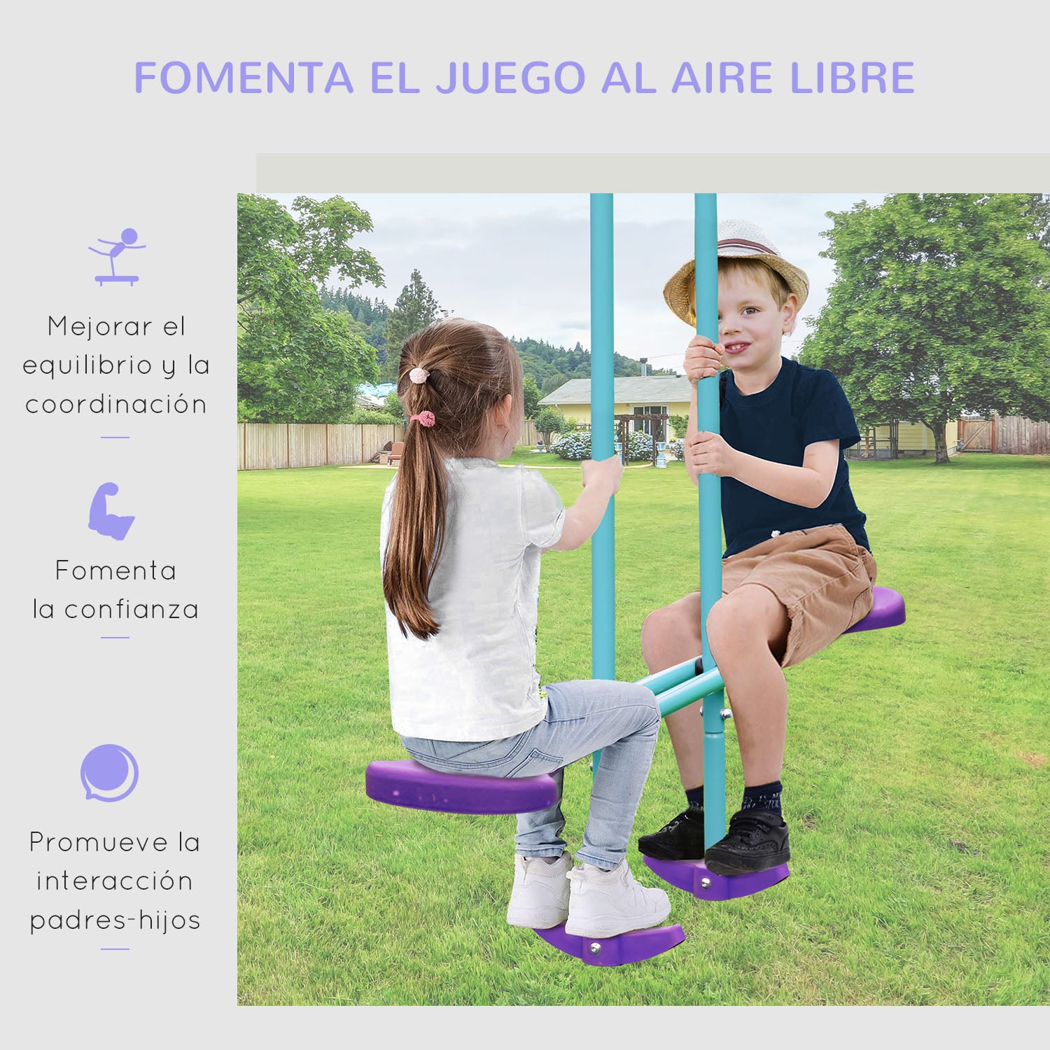 Metal Garden Swing Set with Adjustable Height Swings for Kids 3+ Years Old with Double Swing Rocker for Patio Terrace 280x140x176 cm Blue and Purple