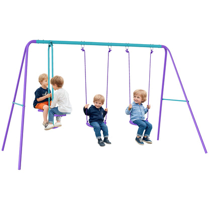 Metal Garden Swing Set with Adjustable Height Swings for Kids 3+ Years Old with Double Swing Rocker for Patio Terrace 280x140x176 cm Blue and Purple