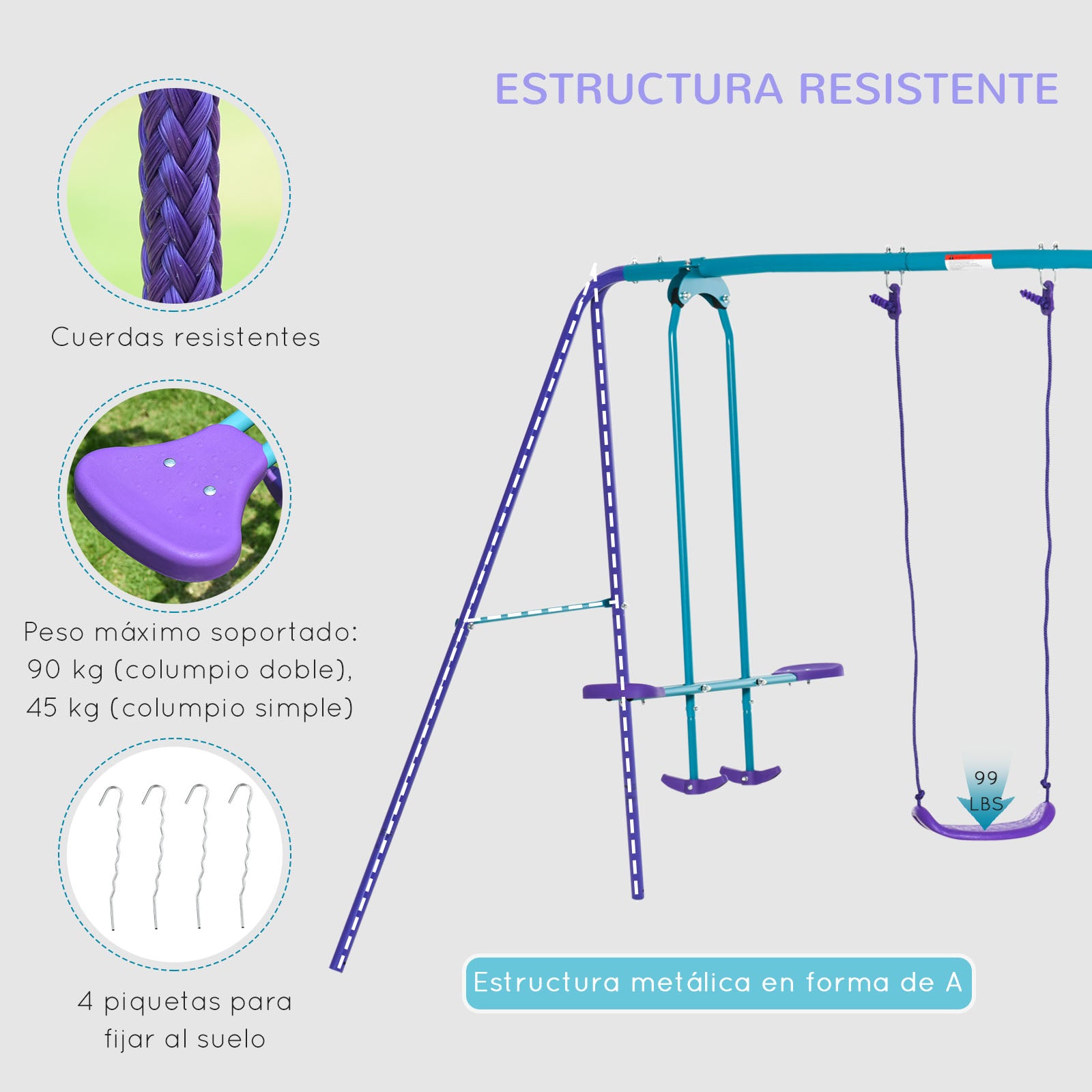 Metal Garden Swing Set with Adjustable Height Swings for Kids 3+ Years Old with Double Swing Rocker for Patio Terrace 280x140x176 cm Blue and Purple