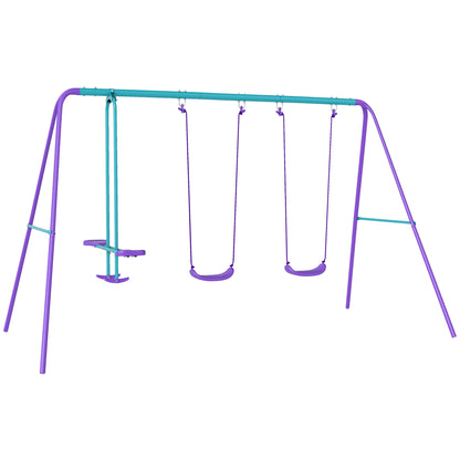 Metal Garden Swing Set with Adjustable Height Swings for Kids 3+ Years Old with Double Swing Rocker for Patio Terrace 280x140x176 cm Blue and Purple