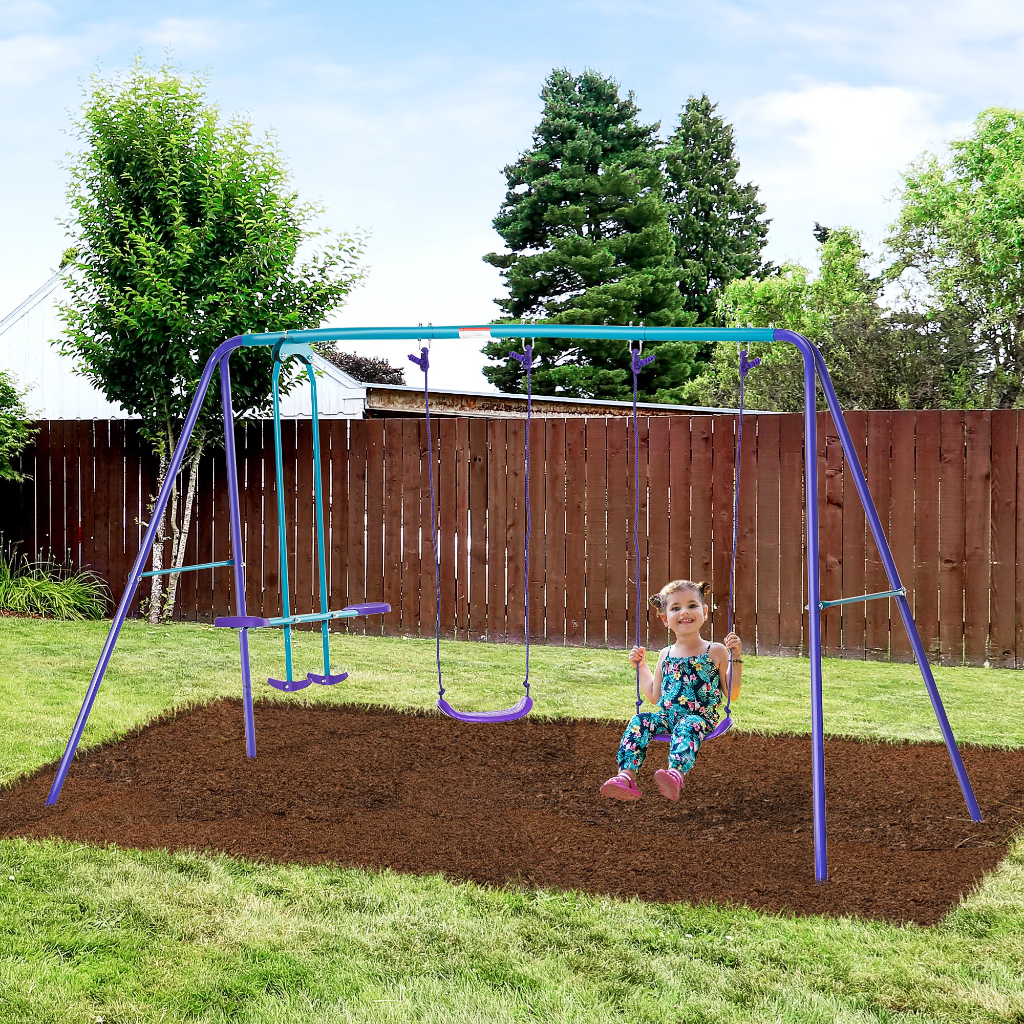 Metal Garden Swing Set with Adjustable Height Swings for Kids 3+ Years Old with Double Swing Rocker for Patio Terrace 280x140x176 cm Blue and Purple