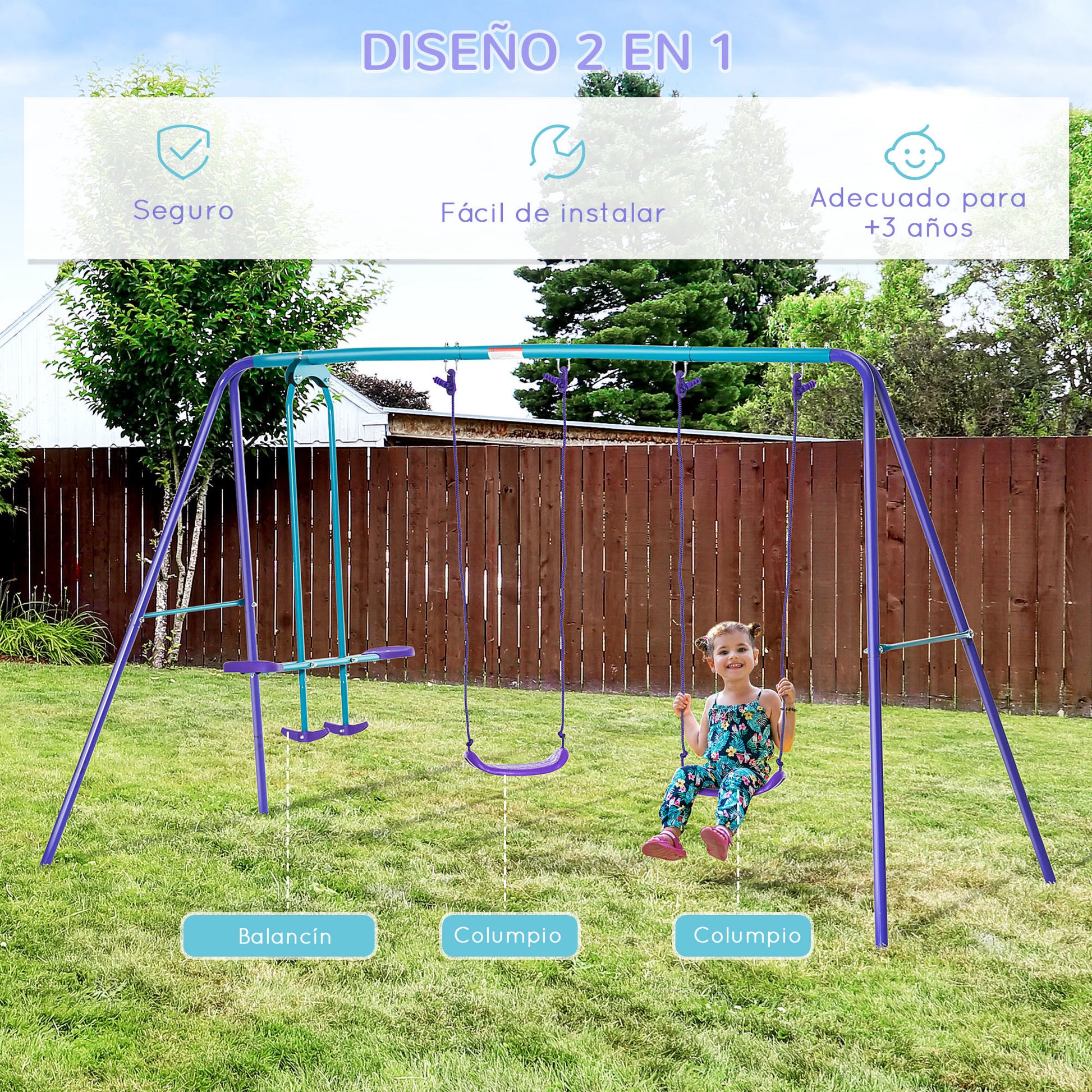 Metal Garden Swing Set with Adjustable Height Swings for Kids 3+ Years Old with Double Swing Rocker for Patio Terrace 280x140x176 cm Blue and Purple