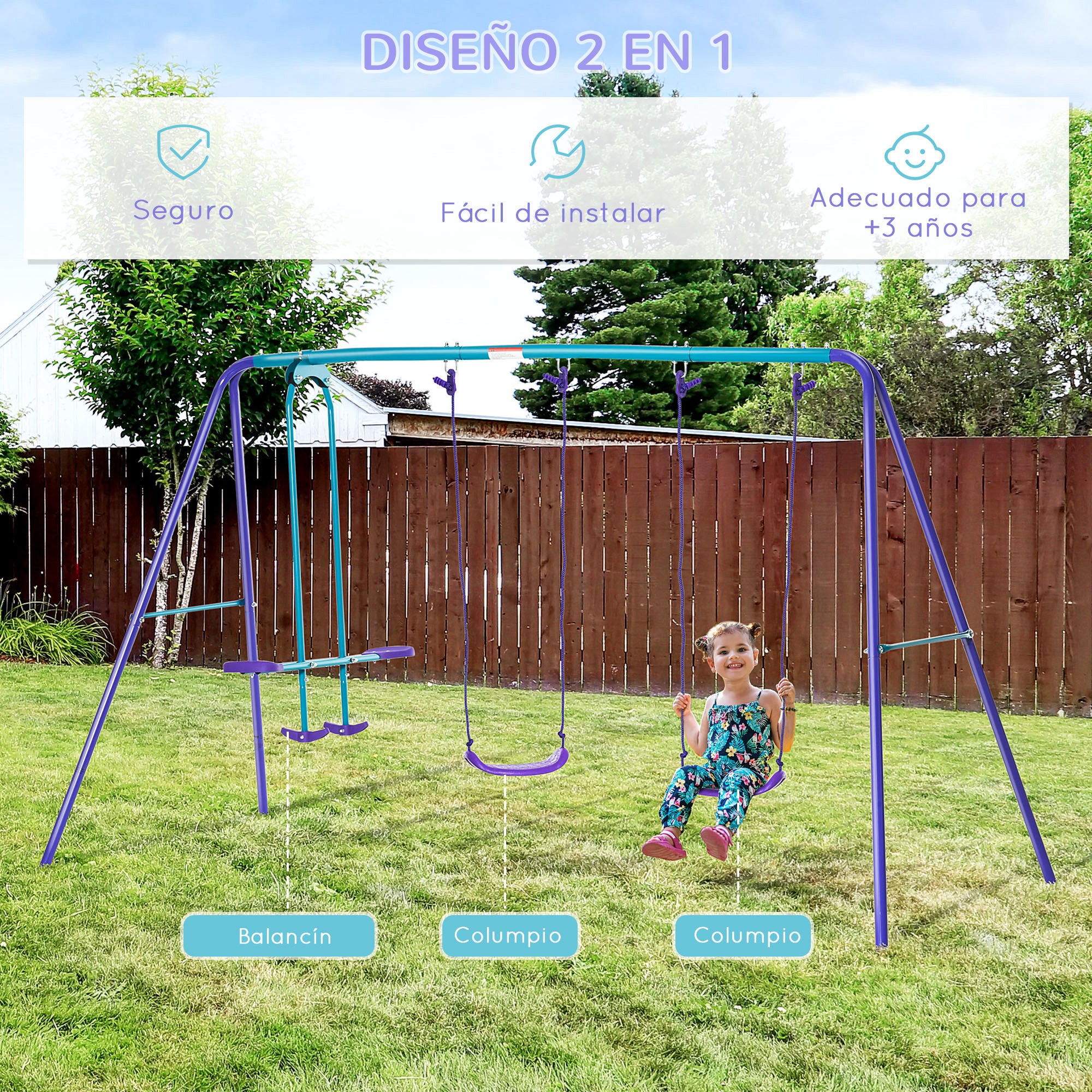 Metal Garden Swing Set with Adjustable Height Swings for Kids 3+ Years Old with Double Swing Rocker for Patio Terrace 280x140x176 cm Blue and Purple