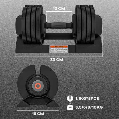 SPORTNOW Adjustable Single Dumbbell, 3.5/6/8/10 kg Dumbbells with Storage Tray, Dumbbell with Non-slip Grips, for Strength Training, Weightlifting, Steel, Black