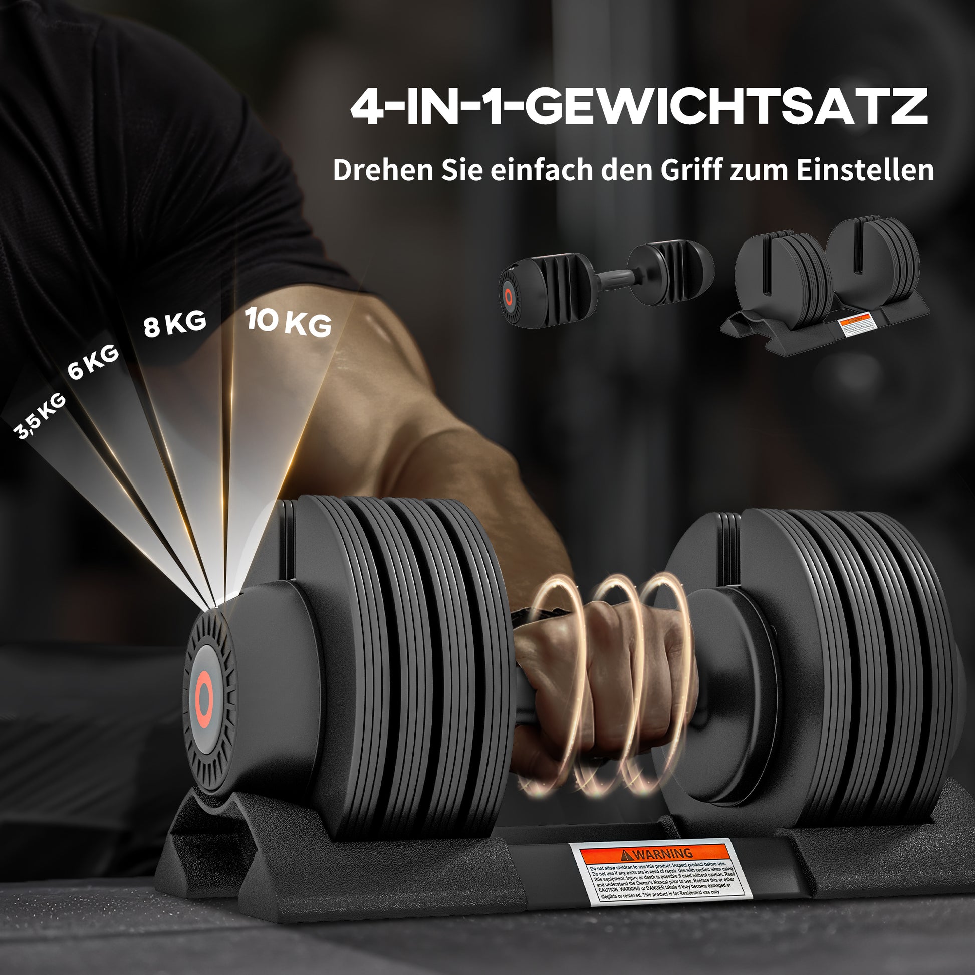 SPORTNOW Adjustable Single Dumbbell, 3.5/6/8/10 kg Dumbbells with Storage Tray, Dumbbell with Non-slip Grips, for Strength Training, Weightlifting, Steel, Black