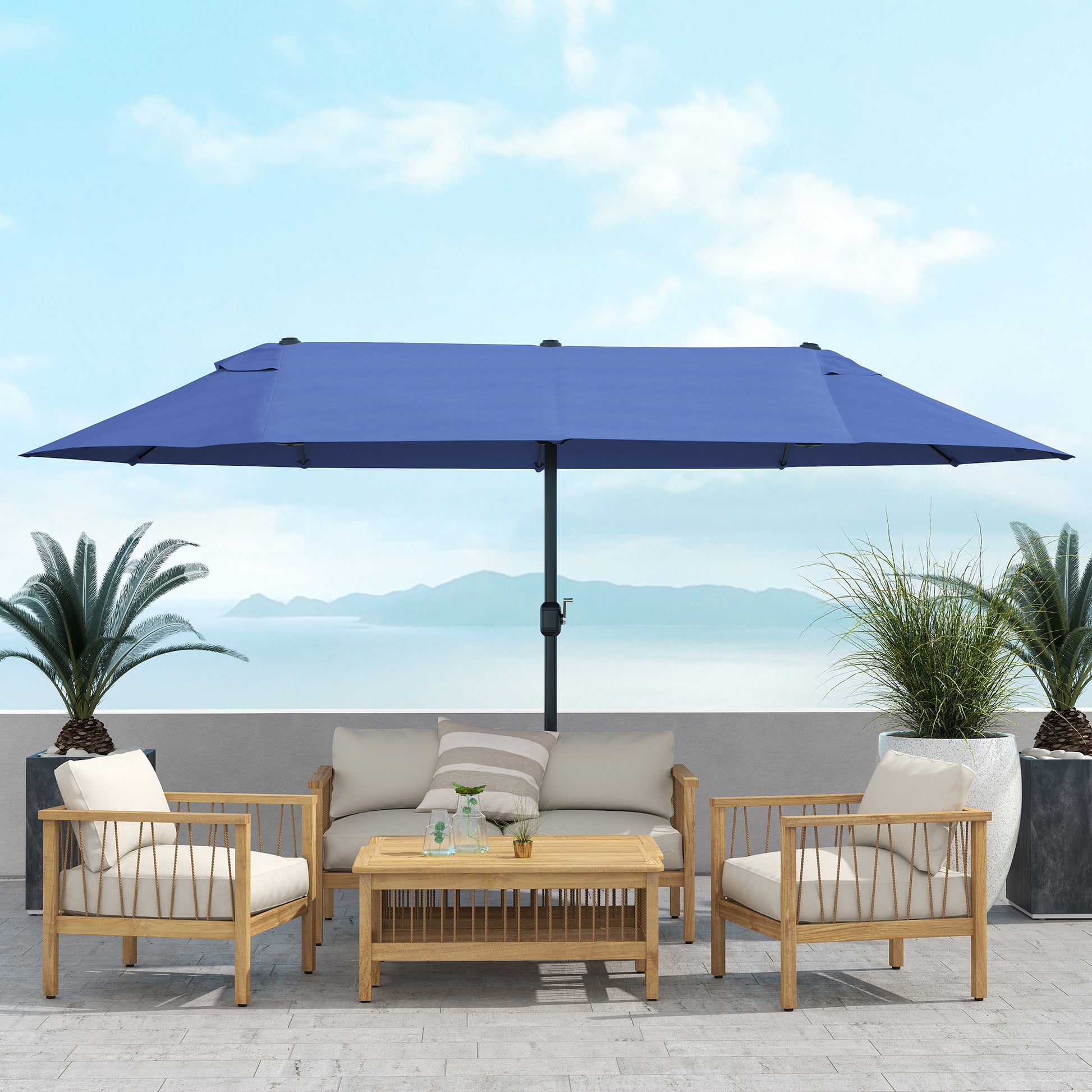 Double Sun Umbrella 455 x 265 cm, UV Protection Umbrella with Crank, Balcony Umbrella Beach Umbrella Windproof Crank Umbrella Sun Protection for Beach Balcony Garden, Blue