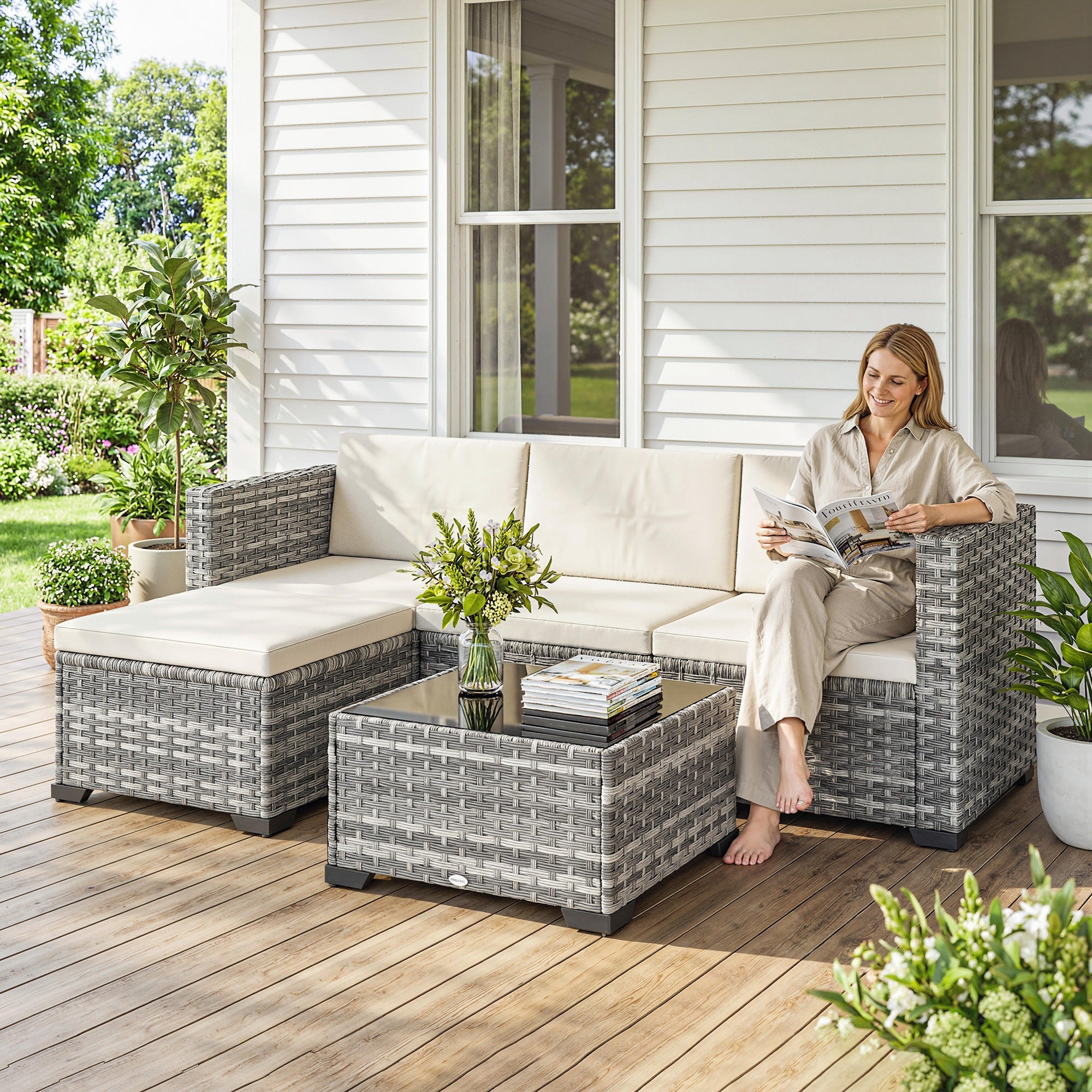 5-Piece PE Rattan Patio Lounge Set with Corner Sofa, Ottoman & Coffee Table, Cushions, Seats up to 4 — Gray & Cream