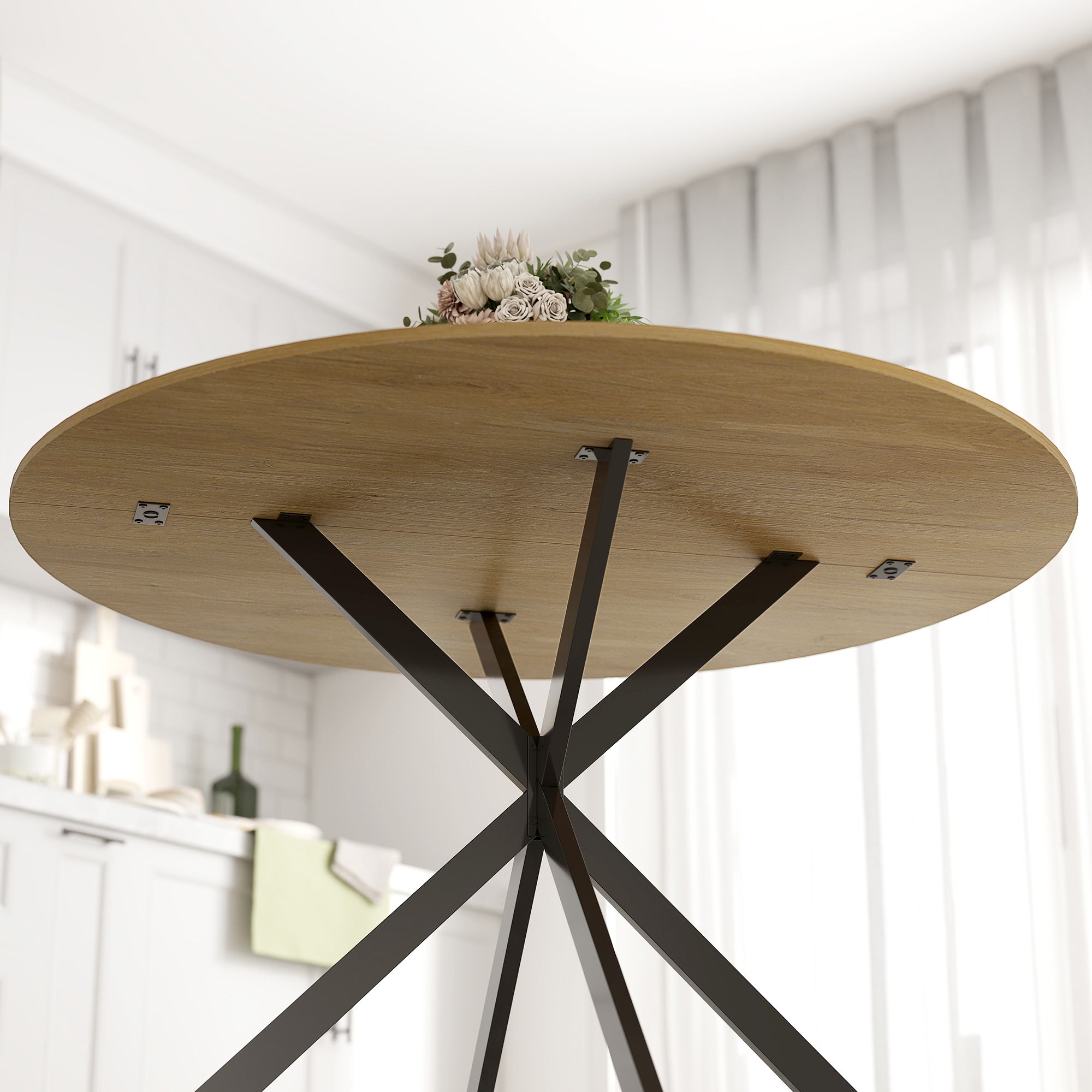 Round Dining Table for 4 — 39.4" Oak Top with Black Steel X-Legs, for Dining Room, Kitchen or Home Office
