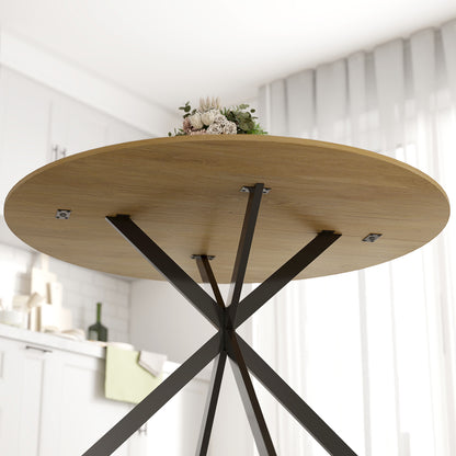 Round Dining Table for 4 — 39.4" Oak Top with Black Steel X-Legs, for Dining Room, Kitchen or Home Office