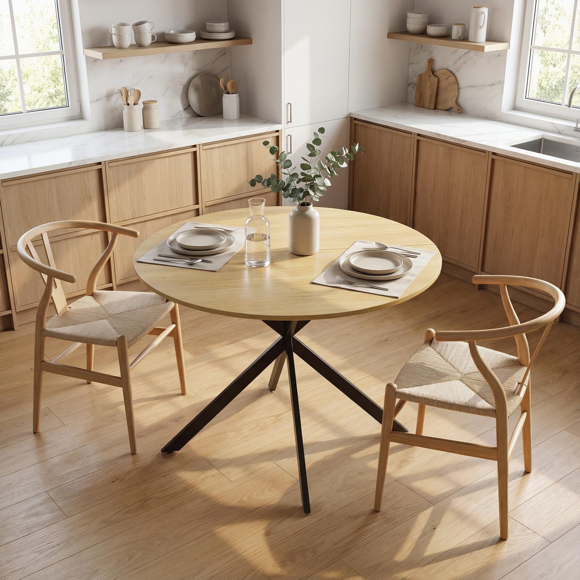 Round Dining Table for 4 — 39.4" Oak Top with Black Steel X-Legs, for Dining Room, Kitchen or Home Office