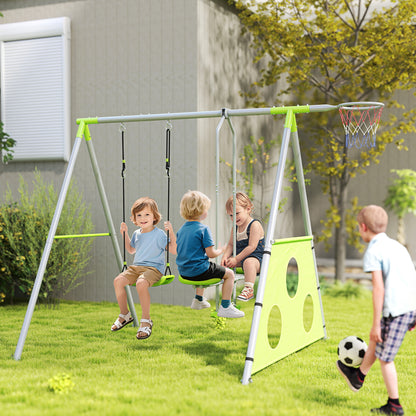 4 in 1 Swing Frame Outdoor Swing Set with Swing, 2-Person Slide, Soccer Goal, Basketball Hoop, Garden Swing Kids Swing with Metal Frame for Children