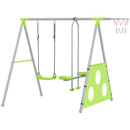 4 in 1 Swing Frame Outdoor Swing Set with Swing, 2-Person Slide, Soccer Goal, Basketball Hoop, Garden Swing Kids Swing with Metal Frame for Children