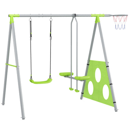 4 in 1 Swing Frame Outdoor Swing Set with Swing, 2-Person Slide, Soccer Goal, Basketball Hoop, Garden Swing Kids Swing with Metal Frame for Children