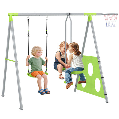 4 in 1 Swing Frame Outdoor Swing Set with Swing, 2-Person Slide, Soccer Goal, Basketball Hoop, Garden Swing Kids Swing with Metal Frame for Children