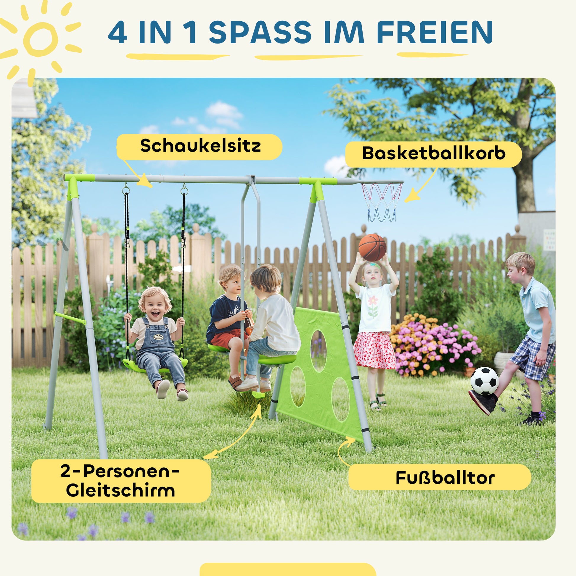 4 in 1 Swing Frame Outdoor Swing Set with Swing, 2-Person Slide, Soccer Goal, Basketball Hoop, Garden Swing Kids Swing with Metal Frame for Children