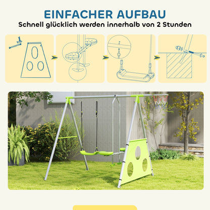 4 in 1 Swing Frame Outdoor Swing Set with Swing, 2-Person Slide, Soccer Goal, Basketball Hoop, Garden Swing Kids Swing with Metal Frame for Children