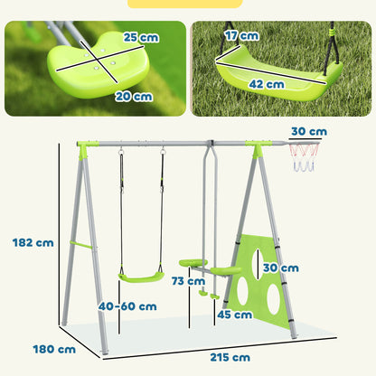 4 in 1 Swing Frame Outdoor Swing Set with Swing, 2-Person Slide, Soccer Goal, Basketball Hoop, Garden Swing Kids Swing with Metal Frame for Children