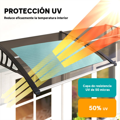 Protection Awning 200x96 cm Exterior Canopy for Doors and Windows against Sun and Rain with PP Polycarbonate Support Brown