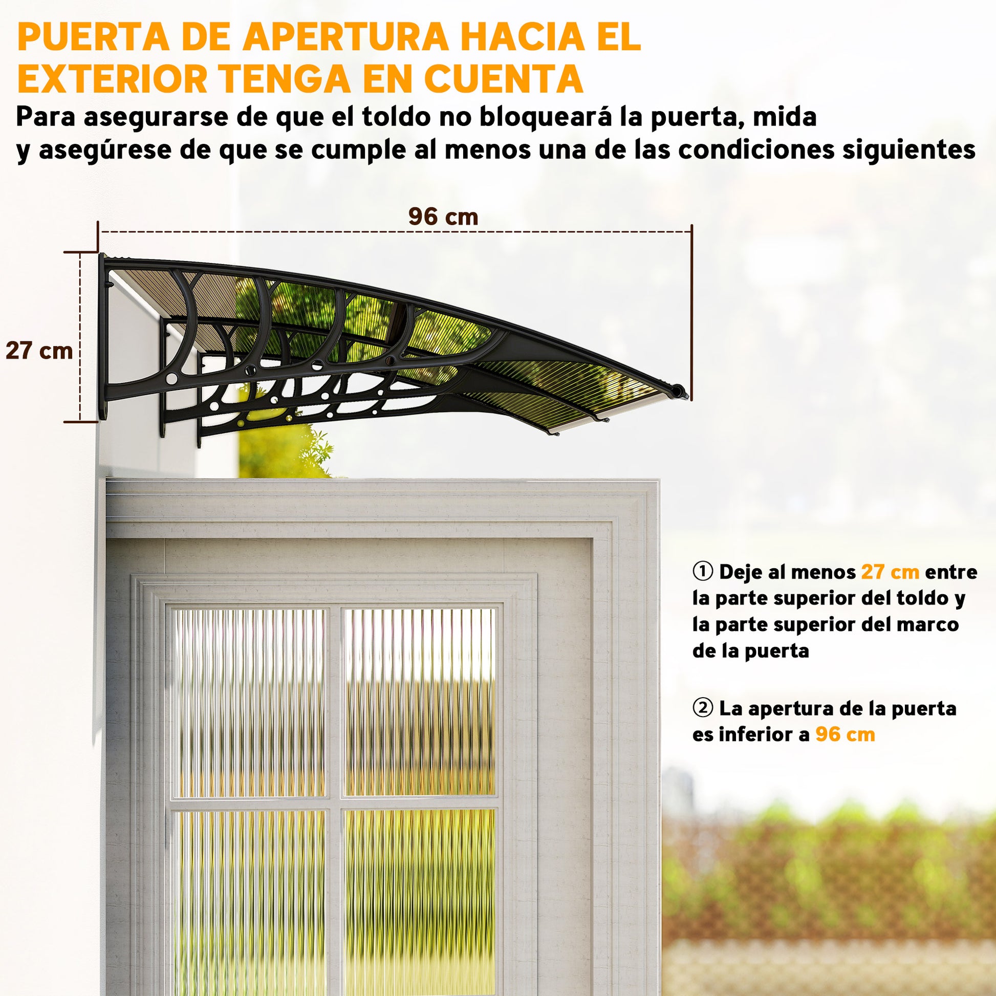 Protection Awning 200x96 cm Exterior Canopy for Doors and Windows against Sun and Rain with PP Polycarbonate Support Brown