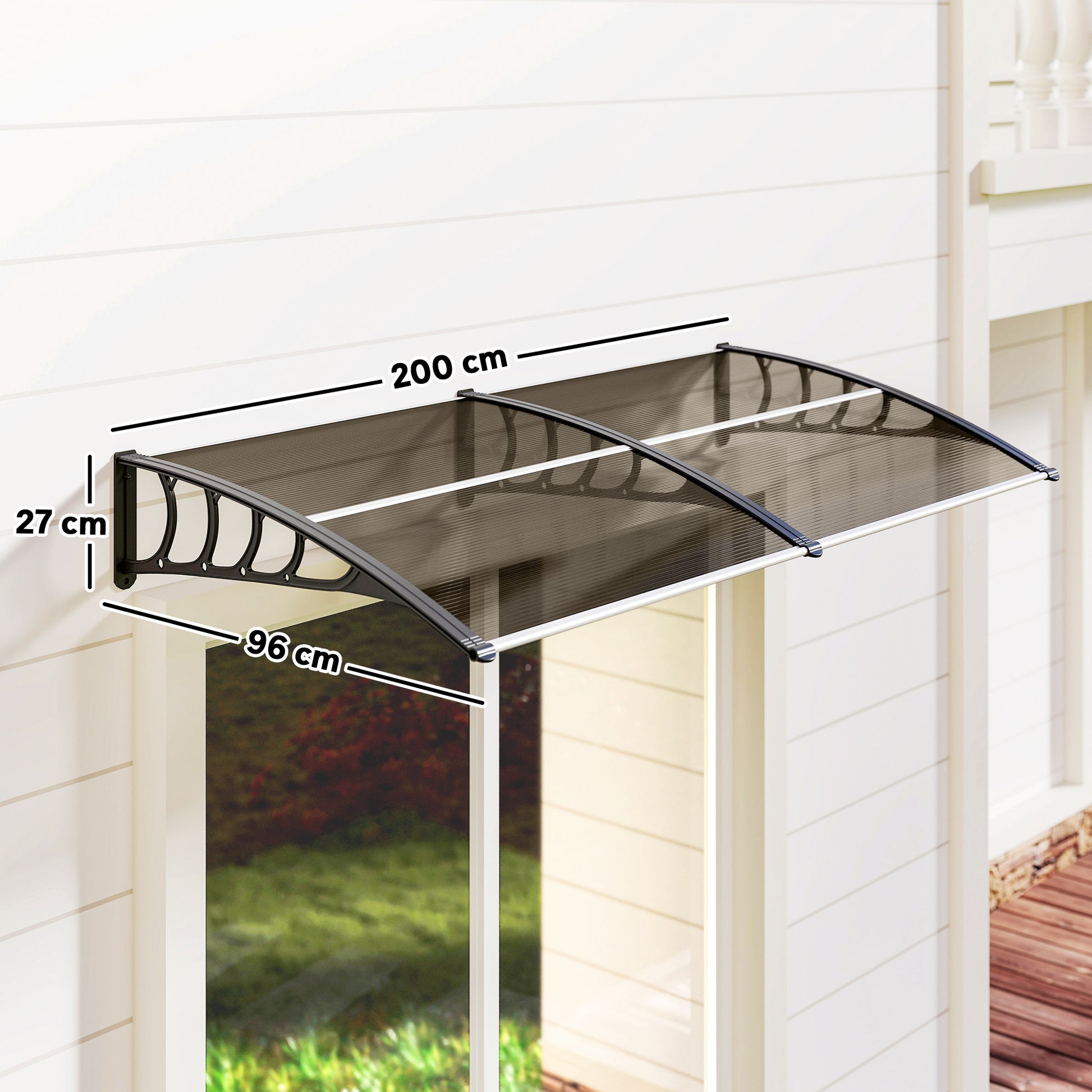 Protection Awning 200x96 cm Exterior Canopy for Doors and Windows against Sun and Rain with PP Polycarbonate Support Brown