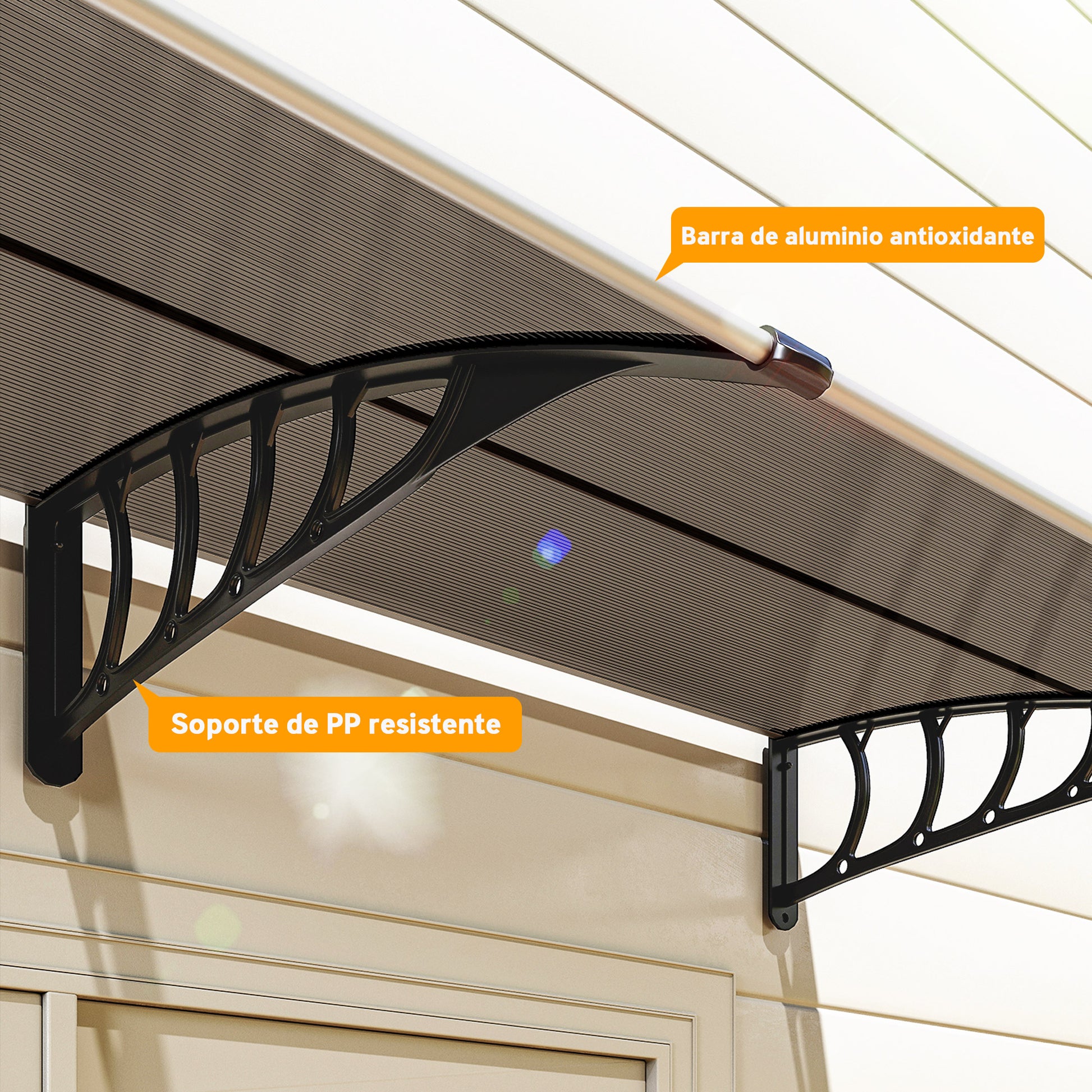 Protection Awning 200x96 cm Exterior Canopy for Doors and Windows against Sun and Rain with PP Polycarbonate Support Brown