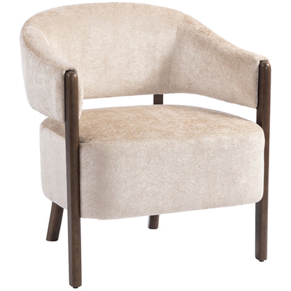 Chenille-Style Lounge Armchair with Wooden Legs, Modern Upholstered Accent Chair for Living Room & Bedroom, Beige
