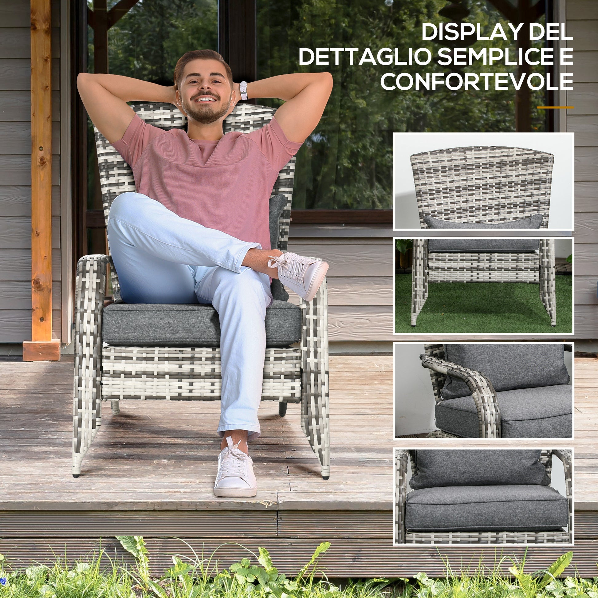 Adirondack Garden Chair with Armrests and Cushions, Rattan and Steel Chair for Indoor and Outdoor, 64x80x90 cm, Gray