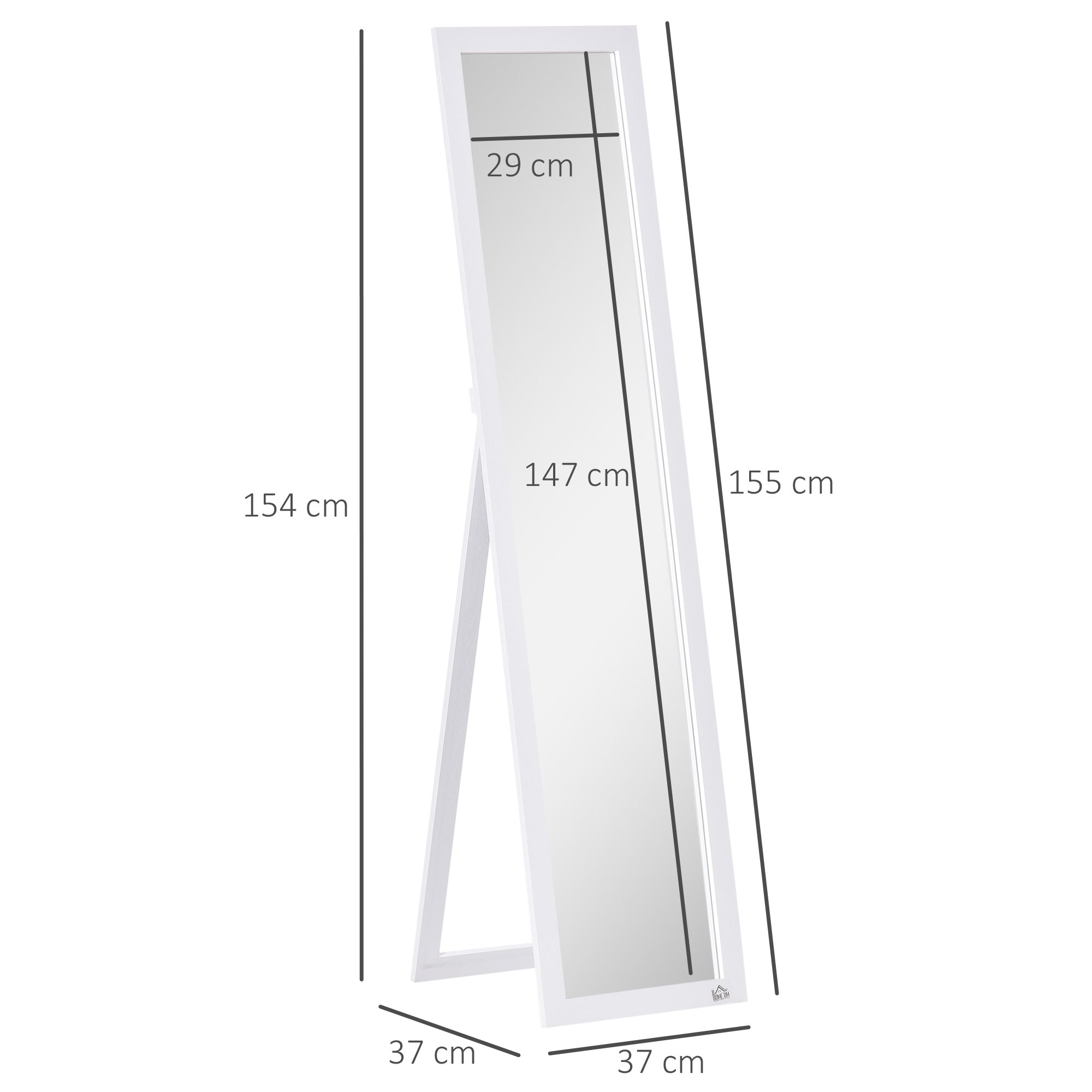 Full-Length Mirror, 154 x 37 cm Wall Mirror with Stand, Floor Mirror for Living Room, Bedroom, White