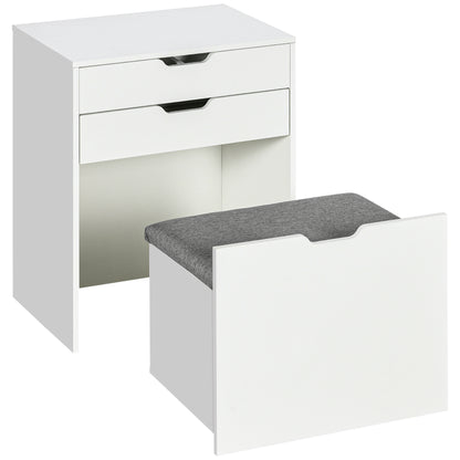 Bedroom Vanity with Mirror and Matching Stool, Makeup Table with Hidden Compartment and Wooden Drawer, White