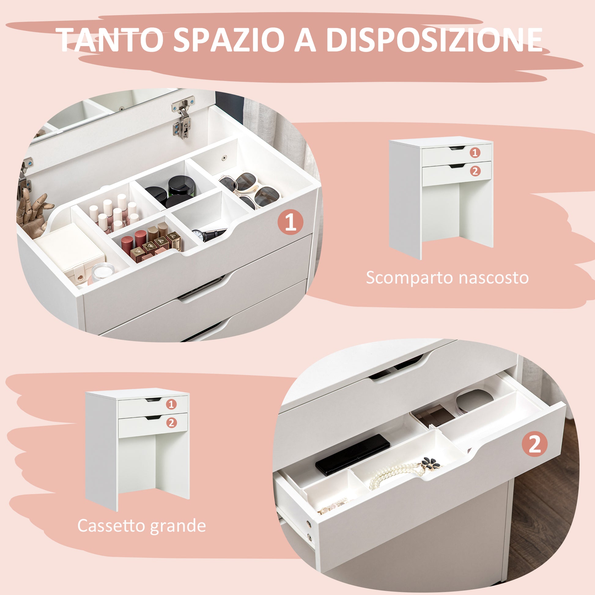 Bedroom Vanity with Mirror and Matching Stool, Makeup Table with Hidden Compartment and Wooden Drawer, White