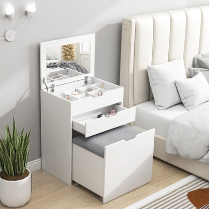 Bedroom Vanity with Mirror and Matching Stool, Makeup Table with Hidden Compartment and Wooden Drawer, White
